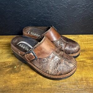 Klogs Austin Brown Floral Tooled Leather Slip Resistant Clogs Womens‎ 7 Wide